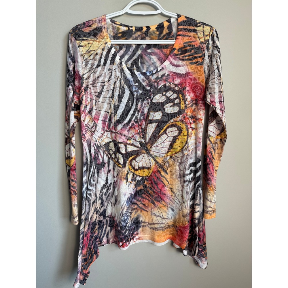 Women's Butterfly Graphic Embellished Sharkbite Tunic Top M Fairycore Whimsigoth